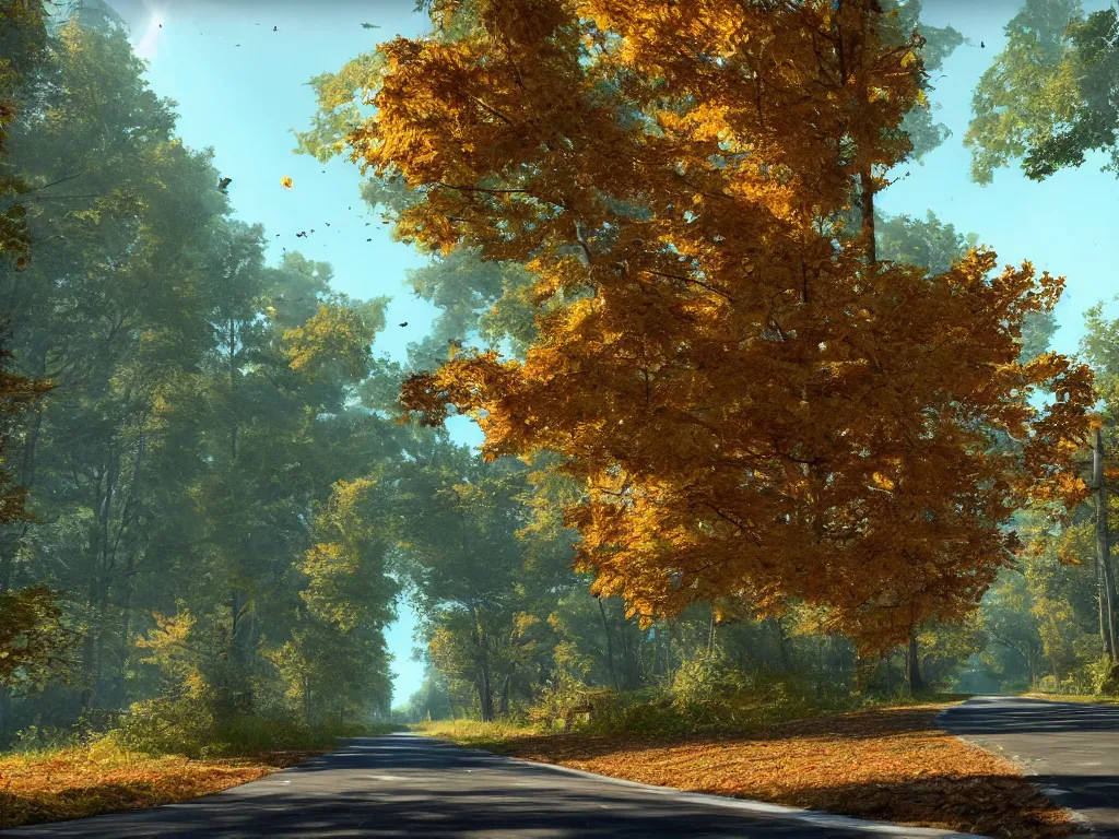 Prompt: Going to the end of the road, there are maple trees on both sides of the road, and maple leaves are floating in the air, Vanishing Point, hdr, ue5, unreal engine 5, cinematic 4k wallpaper, ultra detailed, high resolution, artstation, award winning.