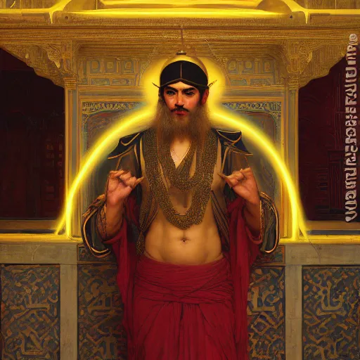 Image similar to orientalist portrait of a sage wearing a golden mask casting a glowing lightning magic spell in a sandstone temple intricate portrait by john william waterhouse and Edwin Longsden Long and Theodore Ralli and William-Adolphe Bouguereau, very coherent symmetrical artwork. Cinematic, hyper realism, high detail 8k