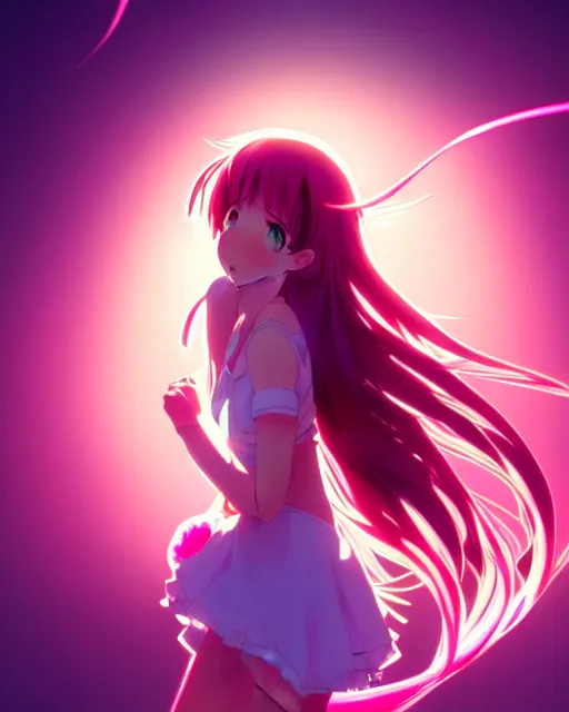 Prompt: anime style, vivid, expressive, full body, 4 k, a cute girl with white skin and long pink wavy hair humming a song, stunning, realistic light and shadow effects, centered, simple background, studio ghibly makoto shinkai yuji yamaguchi
