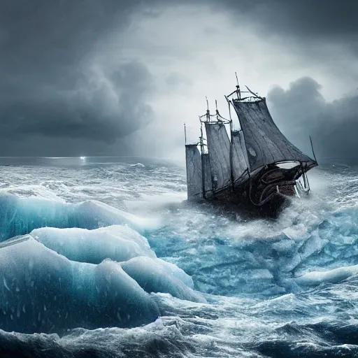 Prompt: A viking ship sailing in a stormy dark seas with ice and huge waves, intricate detail, octane render, masterpiece, lighting