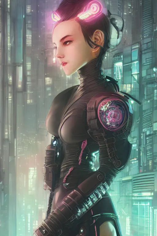 Image similar to portrait futuristic Ninja Girl, in future cyberpunk tokyo rooftop , ssci-fi, fantasy, intricate, very very beautiful, elegant, neon light, highly detailed, digital painting, artstation, concept art, smooth, sharp focus, illustration, art by alphonse mucha and tian zi and WLOP