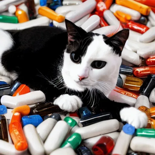 Image similar to A tuxedo cat lying on top of a pile of narcotics seized by the authorities