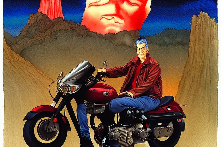 Prompt: a hyperrealist watercolour character concept art portrait of twin peaks. red curtain. on well lit night in the las vegas. there is a motorcycle. a ufo is in the background. by rebecca guay, michael kaluta, charles vess and jean moebius giraud