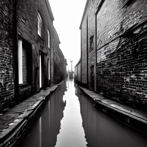 Prompt: flooded overgrown victorian london alley, highly detailed, eldritch, ominous, dawn, chilly dark mood, modern very sharp photo