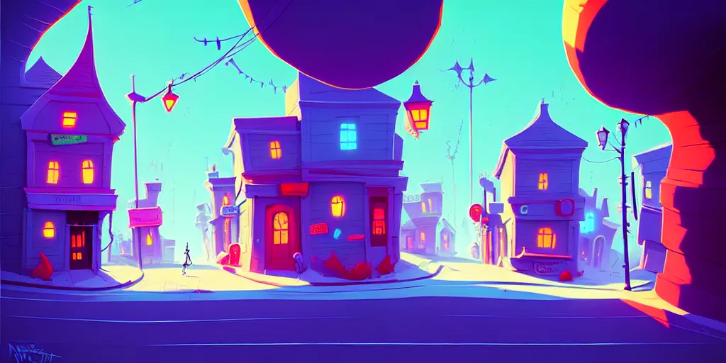 Prompt: curved perspective digital art of a summer small town street from nightmare before christmas by anton fadeev
