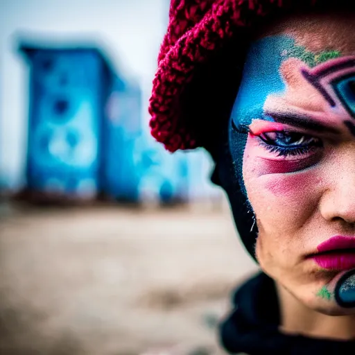 Prompt: photographic portrait of a streetwear woman with watery eyes, a futuristic shanty town burns in the background, closeup, distress, tattoos, sigma 85mm f/1.4, 4k, depth of field, high resolution, 4k, 8k, hd, full color