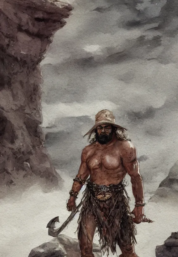 Image similar to a solitary randy savage with an anchor slung over his shoulder alone in a rocky desolate wasteland | portrair | fantasy watercolour painting | middle earth | pathfinder | artstation | conan | darksun | d & d dungeons and dragons | barbarian