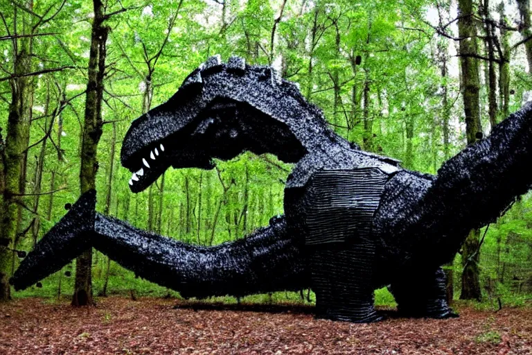 Image similar to mossy recycled tire sculpture of a tyrannosaurus in the forest