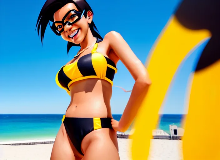 Image similar to style overwatch tracer, hyperrealism, a girl with black hair, with a very beautiful symmetrical face, a smile on her face, tanned skin, in a yellow bikini, against the background of a sea beach, high detail, digital photograph