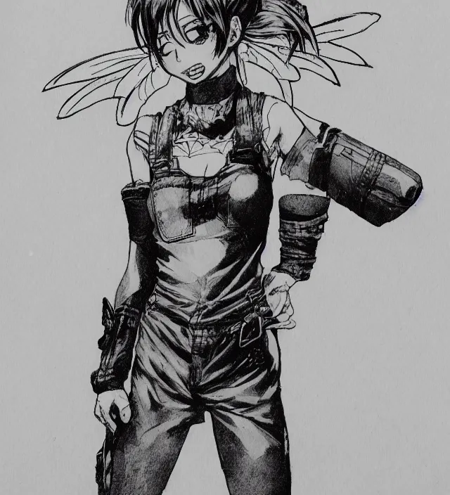 Image similar to hd manga anime portrait of a fairy girl in combat boots and overalls, in ishikawa ken frank miller jim lee alex ross style detailed trending award winning on flickr artstation,