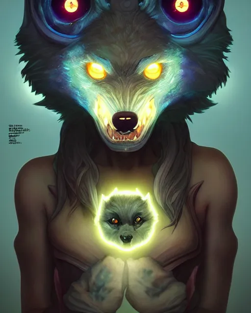 Prompt: one singular portrait of a cute bioluminescent werewolf cub with glowing eyes, highly detailed, digital painting, cinematic, hyper realism, dark retrowave, art by Stanley Lau and Artgerm and magali villeneuve and Alphonse Mucha, artstation, octane render, cgsociety