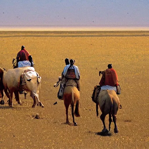 Prompt: indo-aryan nomads riding horses across steppe, on alien planet