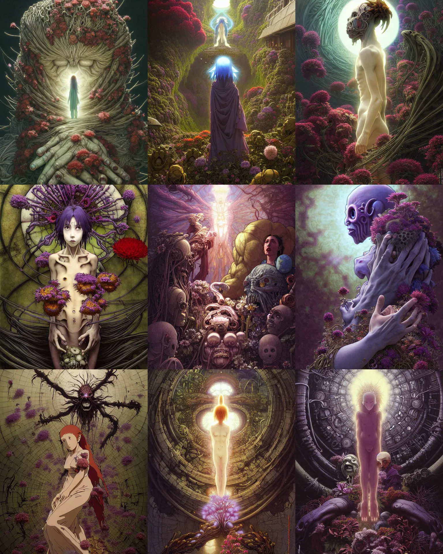 Prompt: the platonic ideal of spirited away, flowers and ayahuasca cletus kasady ultimate carnage thanos dementor wild hunt doctor manhattan chtulu nazgul mandelbulb davinci, d & d, fantasy, ego death, detailed, intricate, hyperrealism, intense, scary, decay, art by artgerm and greg rutkowski and alphonse mucha