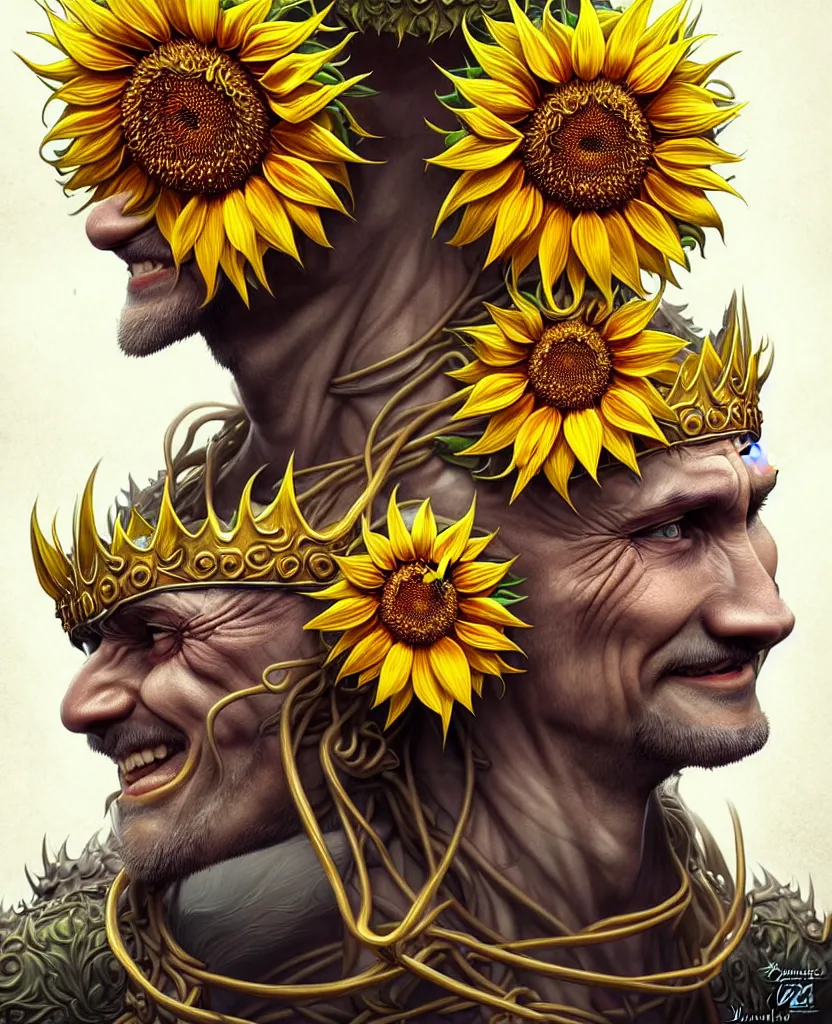 Image similar to digital art, centered full body of Putin smiling king, Sunflower crown, ,intricate, veins, by James Jean and by artgerm , by ross tran ultradetailed, charachter design, concept art, trending on artstation,