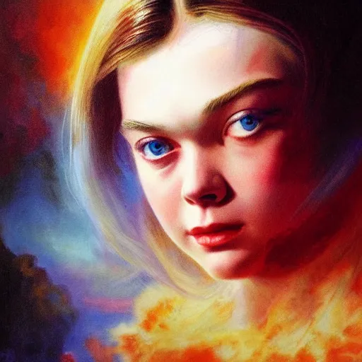 Image similar to ultra realistic medium shot masterpiece portrait painting of elle fanning in the painted world of prey and bruce pennington, apocalypse, cosmic horror, artstation, art by frank frazetta, 4 k, ultra realistic, highly detailed, epic lighting