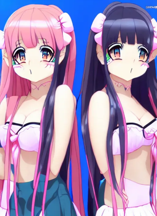 Prompt: two beautiful female idols with twintails taunting each other, gorgeous faces, smooth, detailed anime art