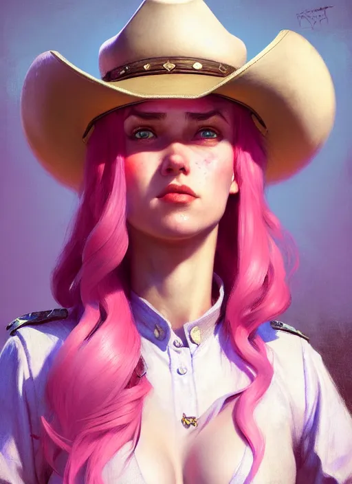 Image similar to female sheriff, beautiful girl, full body, pink hair, cowboy hat, realistic, serov, surikov, vasnetsov, repin, kramskoi, insanely detailed, charlie bowater, tom bagshaw, high resolution, octane rendered, unreal engine, illustration, trending on artstation, masterpiece, 8 k