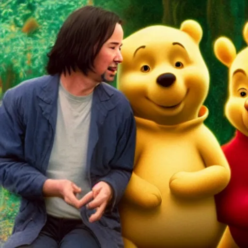 Image similar to A still of Keanu Reeves as Winnie the Pooh