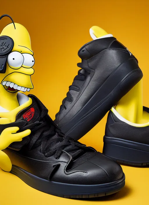 Image similar to hyperrealistic and heavy detailed product photo jordan shoe of homer simpson in front of white back drop, whole shoe is in picture, leica sl 2 5 0 mm, vivid color, high quality, high textured, real life,