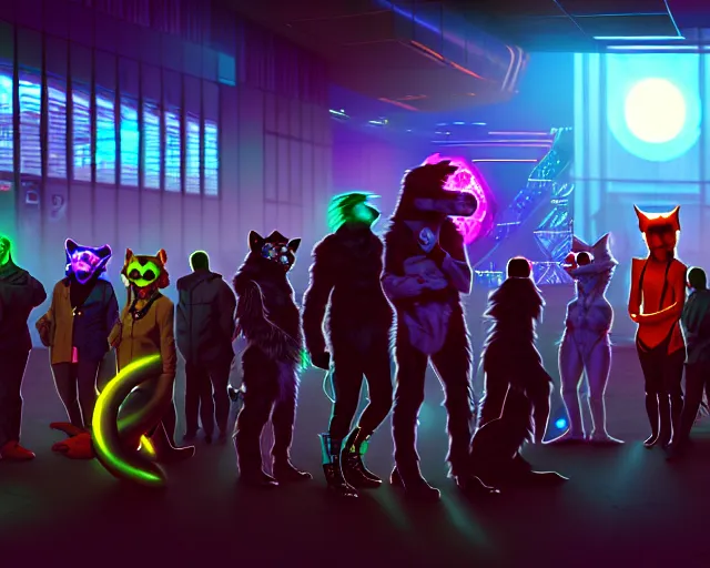 Image similar to high - resolution photograph from a cyberpunk era furry fandom convention ( midwest furfest 2 0 4 7 ), taking place after the genetic revolution and quantum singularity. photorealistic.