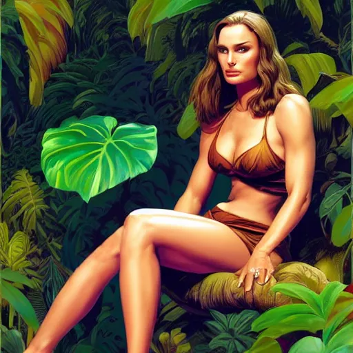 Image similar to Natalie Portman sitting in a jungle, joe Jusko, artstation, 8k photo, frank Frazetta, digital art