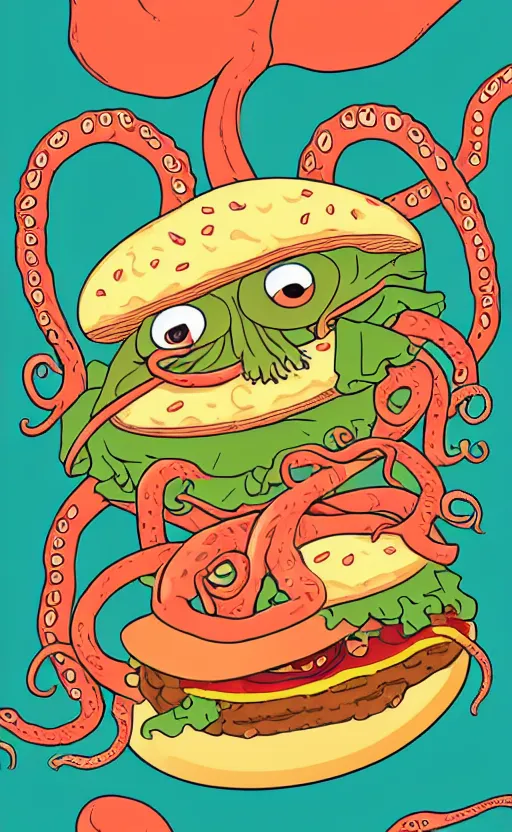 Prompt: highly detailed illustration of octopus holding burger, tentacles wrapped around hamburger, poster, symmetrical, 8 k, trending