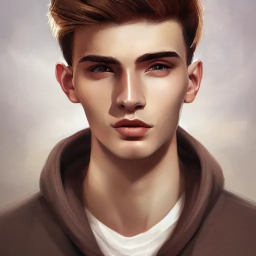 Image similar to man in his twenties with brown blond short quiff hair and thin slightly round facial structure with cleft chin, straight eyebrows, bumpy nose, good definition of cheekbones, Alert brown eyes, narrow face, slim body, atmospheric lighting, painted, intricate, 4k, highly detailed by Charlie Bowater