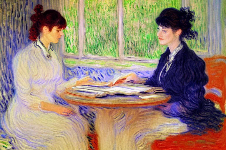 Prompt: portrait of two wise and very beautiful women discussing some texts appearing in a computer screen, art by monet, intricate, elegant, highly detailed, smooth, sharp focus, artstation