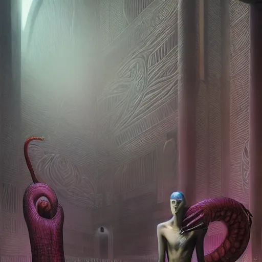 Image similar to portrait of tall, long-necked lipless mutant with scaled face and serpent eyes wearing gauze toga and standing in cyberpunk art deco mosque, alien bestiary by Barlowe, Greg Rutkowski, and Yoshitaka Amano