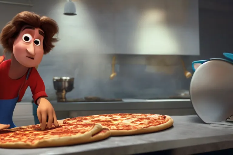 Image similar to still from a Pixar movie of Joe Keery making a pizza, high quality 3d render, movie, Pixar, Renderman, 4k, artstation