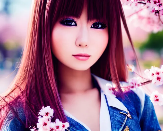 Prompt: close up portrait of an japanese gyaru with beautiful face and modern clothes, sakura blooming in the background, bokeh, depth of field, dramatic lighting, cinematic, vivid colors, matte painting, vivid color scheme, trending on artstation