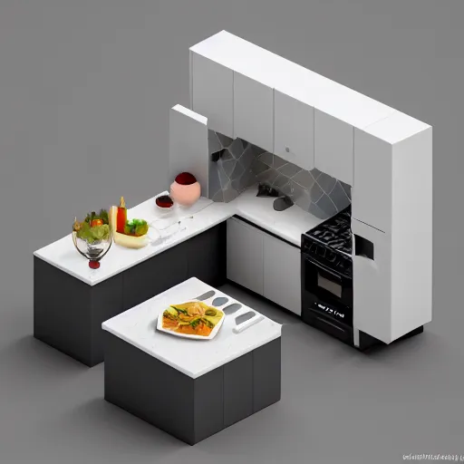 Image similar to isometric minimalistic chubby kitchen, blender, cinema 4 d, 1 0 0 mm, depth of field, octane render, studio lighting