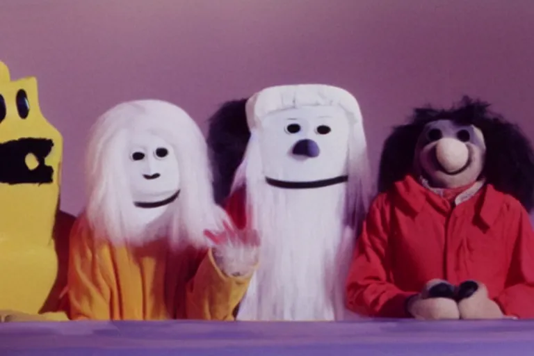 Prompt: color still frame from a surreal 1979 children's tv show with furry ghost, captain dad, and sad cheese puppet playing in a band