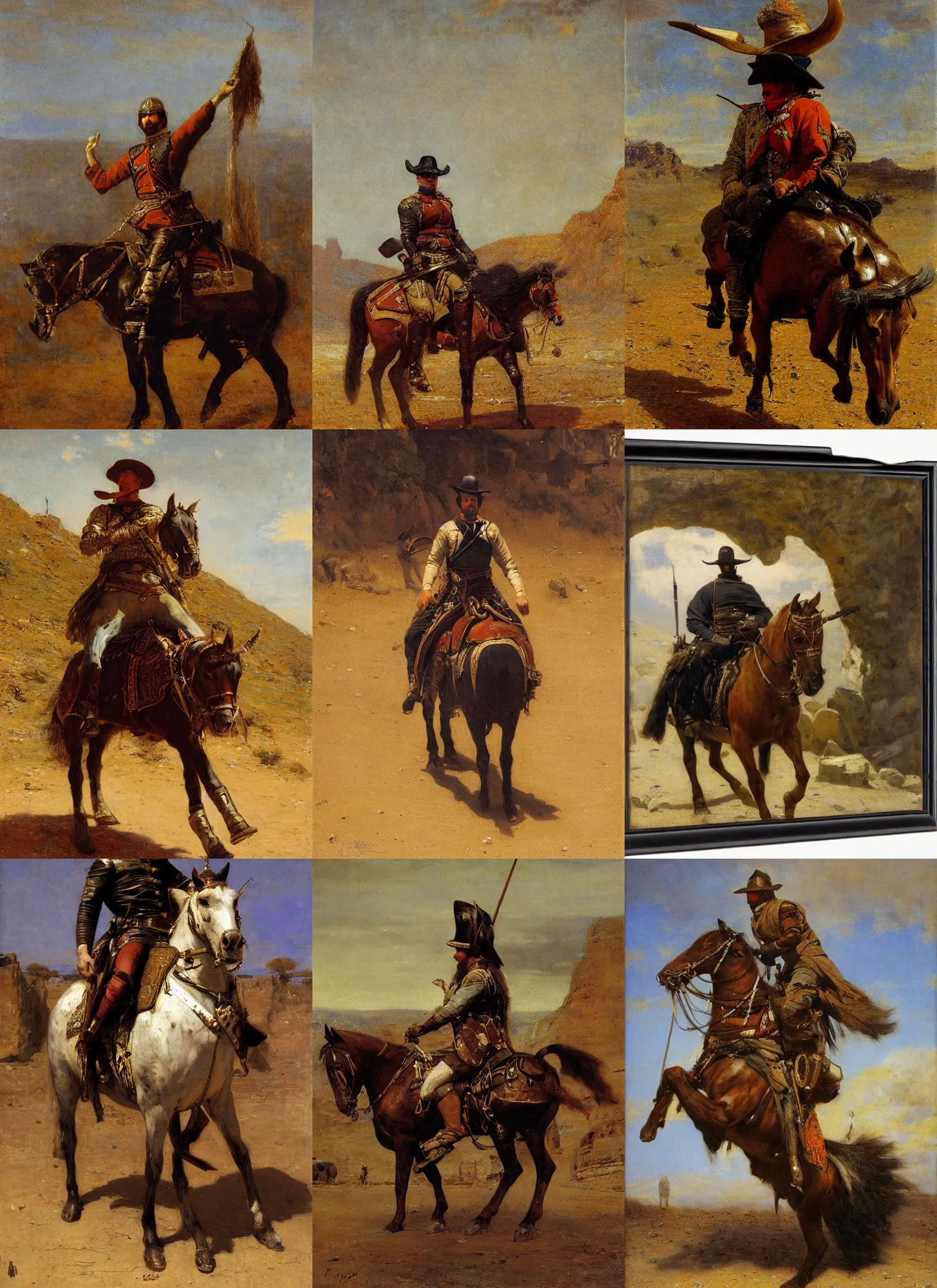 Prompt: detailed picture of a outlaw on a horse by rudolf ernst, john frederick lewis, jean - leon gerome, david roberts, charles theodore frere