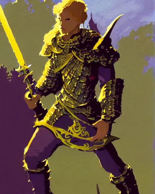 Image similar to beverly toegold the fifth, epic level dnd male halfling verdant paladin of the ancients and green teen, wielding a golden holy sword, wearing magical gleaming chainmail armor. full character concept art, realistic, high detail digital gouache painting by angus mcbride and michael whelan and jeffrey jones