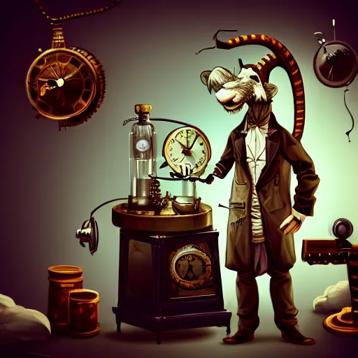 Image similar to a mad scientist goat in lab coat creating a time machine, steampunk style, digital art, trending on artstation and unreal engine, deviantart, smooth, hyper detailed, award - winning, hd