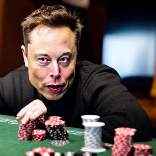 Prompt: elon musk playing poker, low angle shot, dramatic, photograph