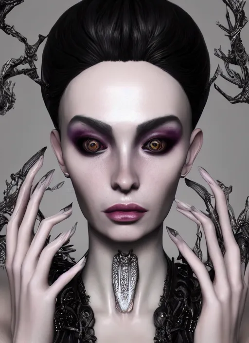 Image similar to close - up portrait of an absurdly beautiful, graceful, sophisticated, fashionable dark witch, hyperdetailed illustration by irakli nadar and vania zouravliov, day - glow, unreal engine 5 highly rendered, global illumination, radiant light, detailed and intricate environment