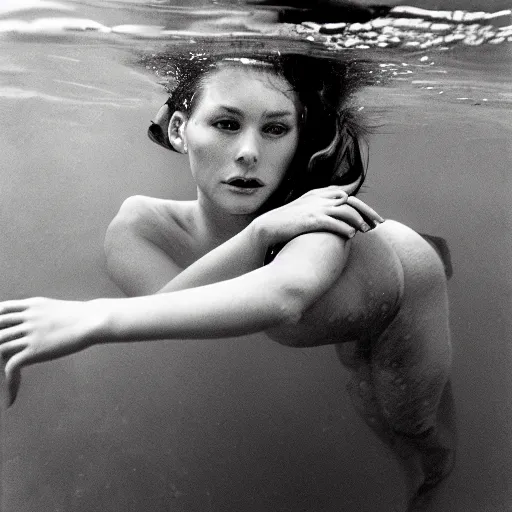 Prompt: underwater photography full portrait of a young beautiful woman swimming by terry o'neill