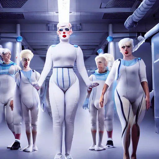 Prompt: troop of freak show women with white bob hairdos, white hair, tight light blue neopren suits, futuristic production facility, sci - fi, highly detailed, cinematic