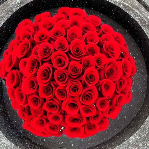 Prompt: red roses, on a grave, fisheye photo, dark