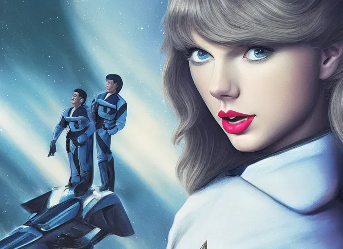 Image similar to a disney film still of taylor swift as a star trek officer, finely detailed features, closeup of the face, perfect art, dusk, blue hour, gapmoe yandere grimdark, trending on pixiv fanbox, painted by greg rutkowski, makoto shinkai, takashi takeuchi, alphonse mucha, akihiko yoshida