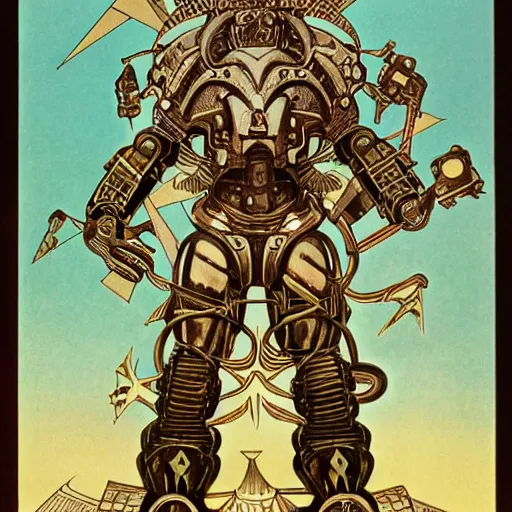 Prompt: majestic, hulking albino clone with engineering diagram tattoos on forehead and rough features, angular steel power armor carved with geometric aztec art deco patterns, on battlefield with strange coiled, spiral clouds, 1 9 7 0 s science fiction concept art photograph by deak ferrand, alphonse mucha, greg rutkowski and carvaggio