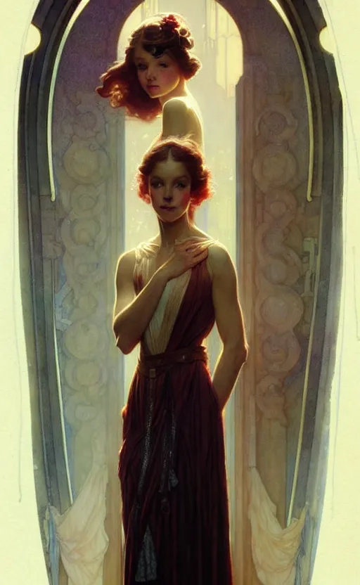 Image similar to girl wearing gown gorgeous lighting by weta studio, mucha, bautista and norman rockwell and greg rutkowski and tom bagshaw and james gurney and lucasfilm