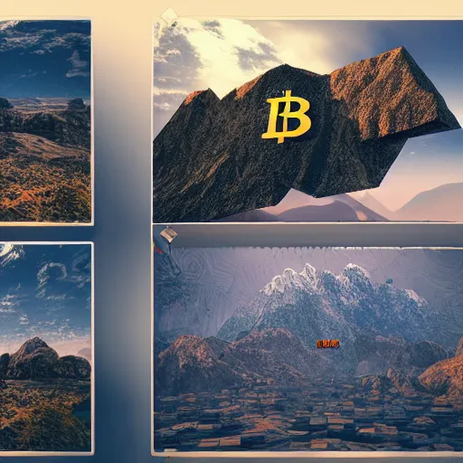 Image similar to a mountain made out of computer screens that display bitcoin logos, cinematic, post - apocalyptic landscape, unreal engine 5, harsh contrast lighting