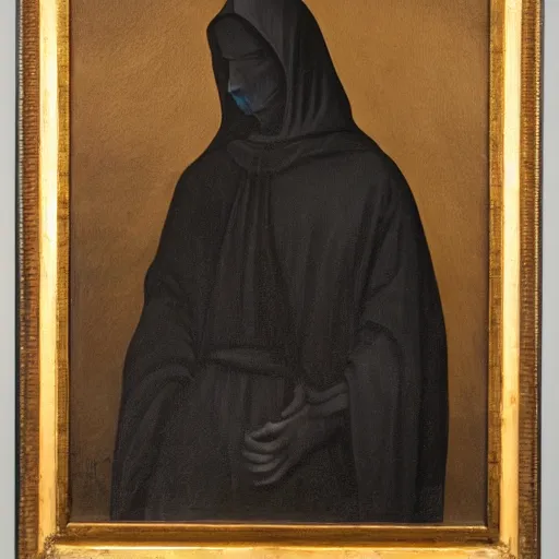 Prompt: A painting of a figure in a black hooded cloak, with a hidden face and a dark aura, in a gothic style.