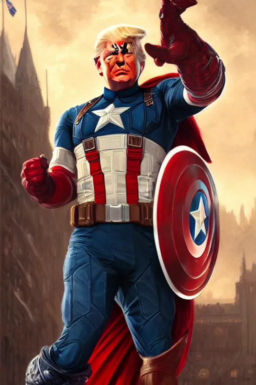 Image similar to Donald Trump as Captain America full body portrait, D&D, fantasy, intricate, elegant, highly detailed, digital painting, artstation, concept art, matte, sharp focus, illustration, art by Artgerm and Greg Rutkowski and Alphonse Mucha