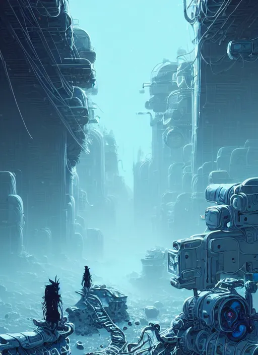 Image similar to highly detailed portrait of wasteland punk long curly white ice hair tribal lady, stray wiring by atey ghailan, james gilleard, by joe fenton, by greg rutkowski, by greg tocchini, by kaethe butcher, 4 k resolution, gradient blue, cyan, black and white color scheme!!! ( ( ice laden glaciated robotic dystopian city background ) )