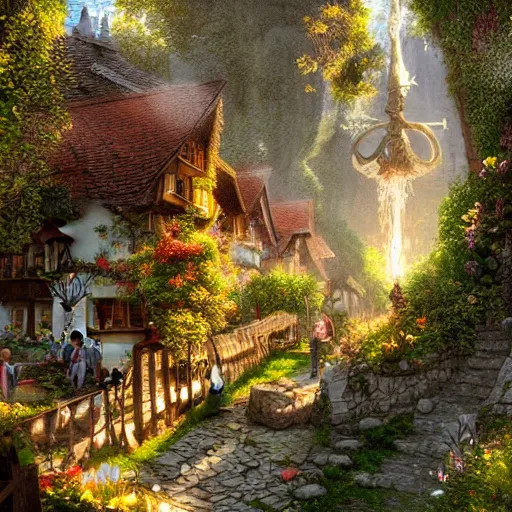 Image similar to my precious! - the hobbit - j. r. r. tolkien - a medieval village in switzerland, ornate, beautiful, atmosphere, vibe, flowers, concept art illustration, greg rutowski, volumetric lighting, sunbeams, particles