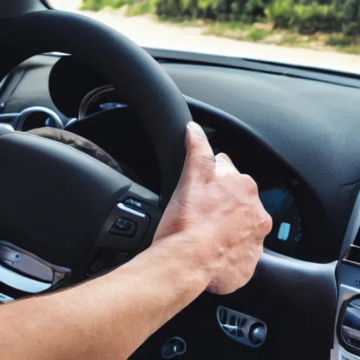 Prompt: extremely muscular hand gripping a steering wheel tightly, first person pov, detailed, inside car